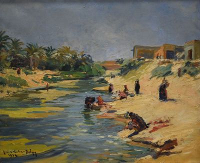painting of people on the shore of a river with a building in the background