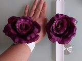a person holding two purple flowers in their hands