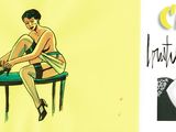 two pictures of a woman sitting on top of a chair next to a drawing of a woman sitting on top of a chair
