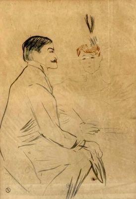 an old drawing of a man sitting on a chair with a fan in his hand
