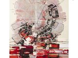 an abstract painting of a ferris wheel on a white background