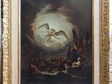 an oil painting of two birds flying over a group of people