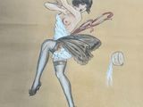 a painting of a woman in stockings and stockings holding a pair of scissors