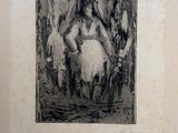 a black and white drawing of a woman sitting on a horse