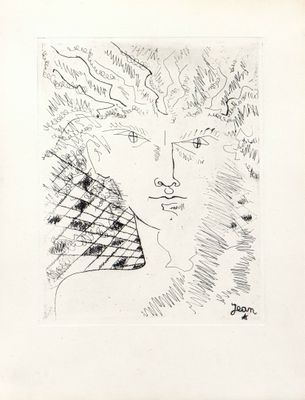 un dessin à l'encre représentant le visage d'une femme coiffée d'un chapeau