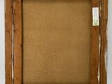 a painting of a brown frame with a green label on it