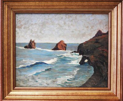 an oil painting of a rocky coast with a couple of rocks in the water