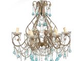 an image of a chandelier with blue crystals hanging from the ceiling