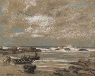 painting of a boat on a beach with people on the shore