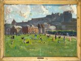 une peinture à l'huile représentant des personnes dans un champ, avec un château en arrière-plan