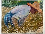 a painting of a man with a straw hat in a field