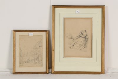 deux dessins encadrés représentant un homme et une femme assis sur un banc