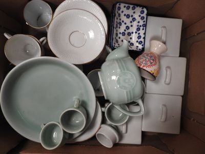 a box full of tea cups and saucers in it