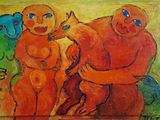 painting of a couple of monkeys sitting on a couch next to each other