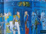 a painting of a group of people standing in front of a building