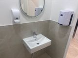 une salle de bains équipée d'un lavabo, d'un miroir et d'un distributeur de savon fixé au mur