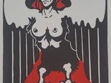 an image of a painting of a woman with wings on a red and black background