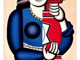 tableau représentant une femme tenant une tasse et un vase rouge et bleu