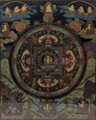 an image of a painting of buddhas in a circle surrounded by clouds