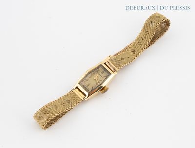 an image of a gold wrist watch with a mesh band
