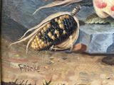 a painting of a corn cob and a peach on a table