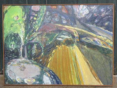un tableau représentant un paysage avec un arbre au centre