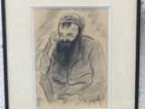 tableau représentant un homme barbu assis devant une coupe de fruits