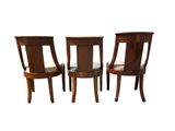 three wooden chairs with upholstered seats are shown against a white background