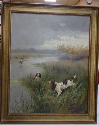 a painting of two dogs in a field by the water