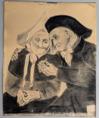 drawing of a man and a woman holding a knife in front of a drawing of a man and a woman holding a knife in front of a drawing of a woman