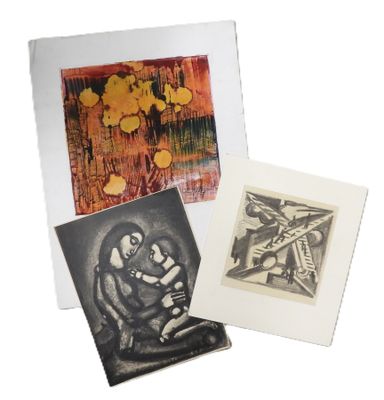 three prints of different types of artwork are displayed on a white surface
