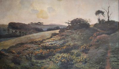 une peinture à l'huile représentant un paysage avec un champ de fleurs jaunes