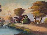 une peinture à l'huile représentant une maison au bord d'une rivière, avec des arbres au premier plan