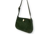 green sued shoulder bag with gold hardware and strap