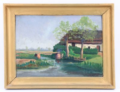 une peinture à l'huile représentant une scène de campagne avec un ruisseau et une maison