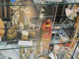 a glass display case with various items in it