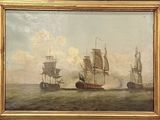 tableau représentant trois navires sur un plan d'eau, avec des nuages en arrière-plan