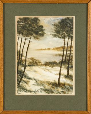 un tableau représentant un paysage avec des arbres et un plan d'eau