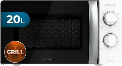 Le micro-ondes est blanc et dispose d'un bouton « grill ».