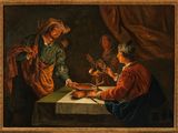 un tableau représentant deux hommes et une femme assis à une table éclairée par une bougie