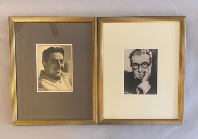 two framed photos of a man and a woman with glasses