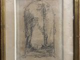 an image of a drawing of a man and a dog in a wooded area