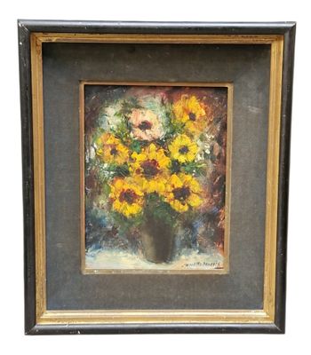 une peinture à l'huile représentant un vase de tournesols posé sur une table