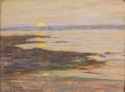 an oil painting of a sunset over a body of water