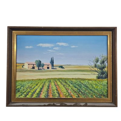 un tableau représentant une ferme avec une grange au loin