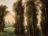 une image représentant une peinture d'une route bordée d'arbres, avec une vache au loin
