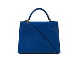 a blue leather handbag with a strap and shoulder strap