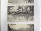 two black and white photos of people in a boat on a lake