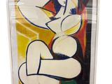 an abstract painting of a woman sitting on her knees in a white frame
