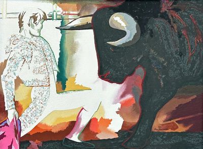 un tableau représentant une femme debout à côté d'un taureau